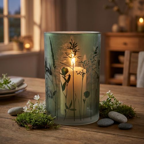 Lykt av hvitt glass med grønt engmotiv H18cm | Floristik24.no