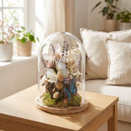 Glassklokke på trebrett, glasskrukke, klar, natur, Ø17cm, H24cm | Floristik24.no