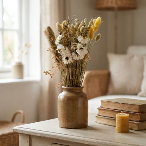 Tørket blomsterbukett stråblomster Phalaris hvit gul 30cm | Floristik24.no