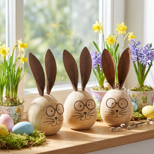 Eggformet kanindekorasjonsfigur med karakter for vår- og sesongdekorasjon, 14 cm, 3 deler | Floristik24.no