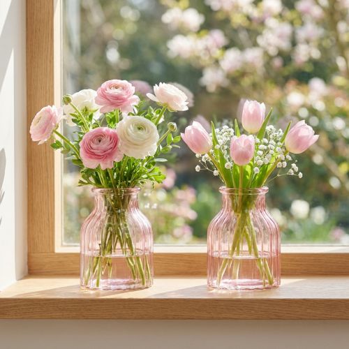 Glassblomstervase, retro, rosafarget, Ø11 cm, H14,5 cm, 2 stk. | Floristik24.no