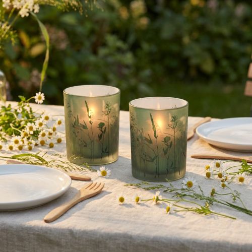 Dekorativ glasslykt grønn hvit motiv eng H12,5cm 2 stk | Floristik24.no