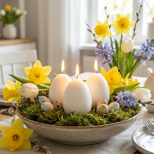 Påskelys, eggformede, spesielle lys til påske, hvite, 9 cm, 6 stk. | Floristik24.no