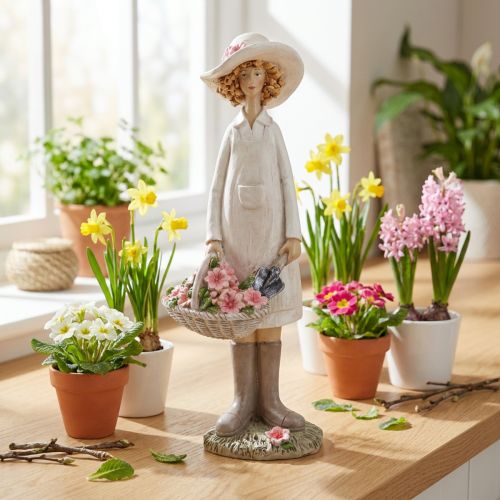 Dekorative figurer gartner, dekorativ kvinne med blomster, hvit rosa, H21 cm | Floristik24.no