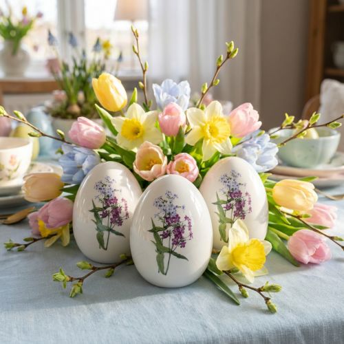 Keramisk påskeegg dekorasjon med blomsterdekor 12cm 3stk | Floristik24.no
