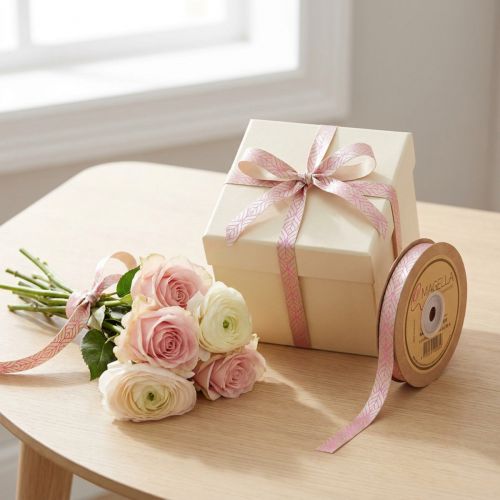 gjenstander Silkebånd blader gavebånd beige rosa 10mm 20m