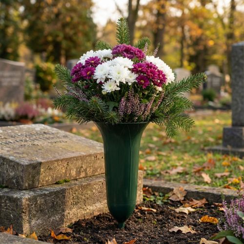 Gravvase 42cm mørkegrønn vase gravdekorasjon sørgeblomster 5stk | Floristik24.no