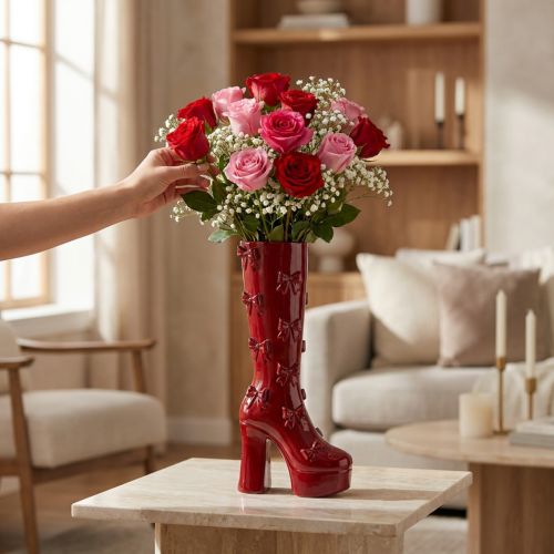 gjenstander Dekorativ vase-støvel med sløyfedesign 37 cm