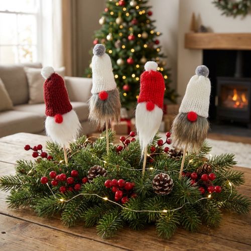 Gnome for sticking med strikket lue rød, hvit, grå 11–13cm L34–35,5cm 12 stk. | Floristik24.no