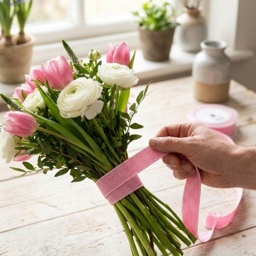 gjenstander Gavebånd fiskebeinsmønster bånd hvit rosa 25mm 15m