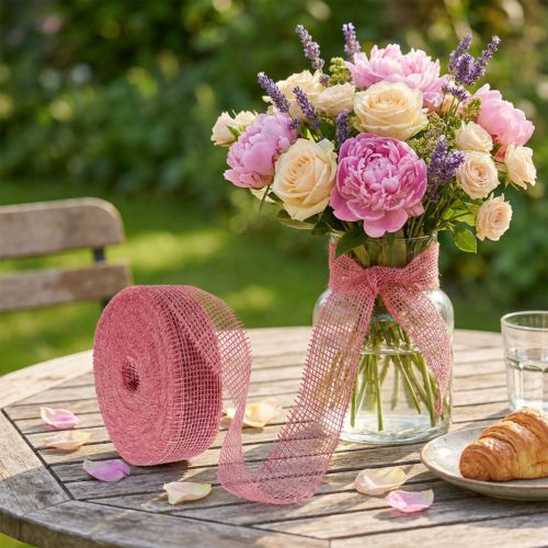 Jutebånd, rosa, 5 cm bredt, 40 m langt | Floristik24.no