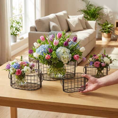 Trådkurv med håndtak metall sort 17-32cm sett med 4 | Floristik24.no