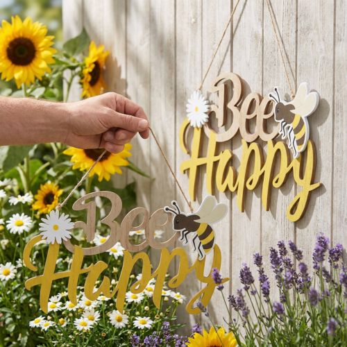Dekorativt skilt bie “Bee Happy” sommerdekorasjon tre 31×18cm 2stk | Floristik24.no