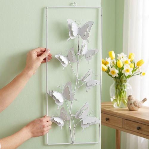 Butterfly Hanging Art Spring Metall Vegg Art Shabby Chic Hvit Sølv H47.5cm | Floristik24.no