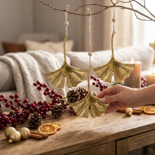 Ginkgo blad anheng, advent dekorasjon, metall dekorasjon til høsten Golden L12cm 12 stk. | Floristik24.no