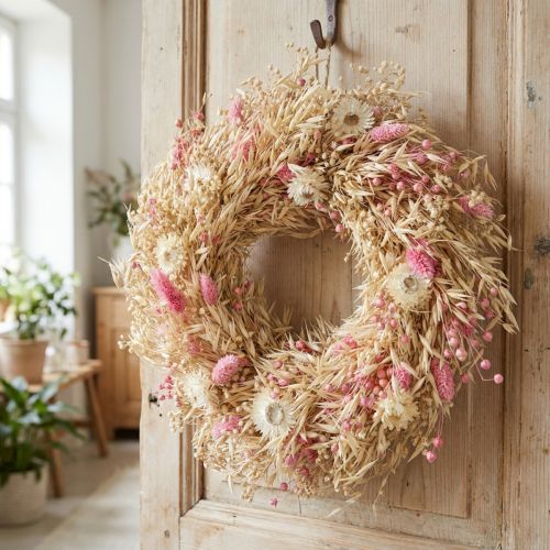 Dekorativ krans, havrekrans, naturlig krans, stråblomster, rosa, Ø29 cm | Floristik24.no