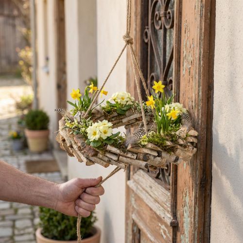 gjenstander Trekrans til oppheng med krok laget av bjørketre Ø35cm - Naturlig dekorasjon til våren, makramé, blomster og urter