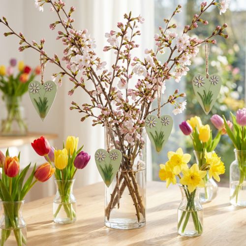 Dekorative hjerter til oppheng med blomster tregrønn, hvit 8,5×12cm 4 stk. | Floristik24.no