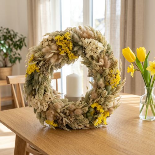 gjenstander Krans av tørkede blomster, naturlig dekorasjon til bord, stue og gang, 25 cm