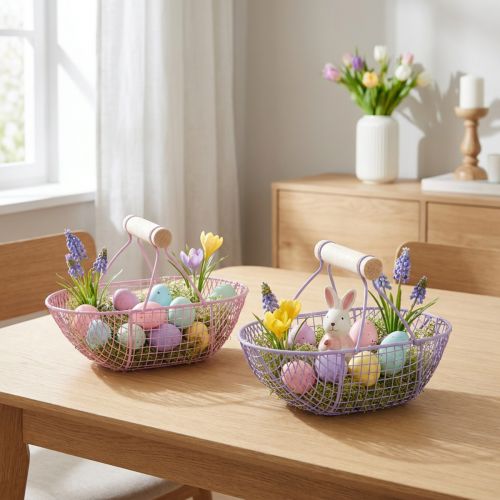 Trådkurv med trehåndtak, ideell for moderne livsstil og stilig dekorasjon, 17 cm, 6 deler | Floristik24.no