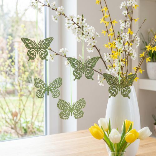 Dekorativ oppheng sommerfuglgrønt glitter 8cm 12 stk | Floristik24.no