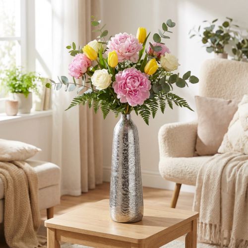 Dekorativ vase metall hamret blomstervase sølv Ø9,5cm H32cm | Floristik24.no