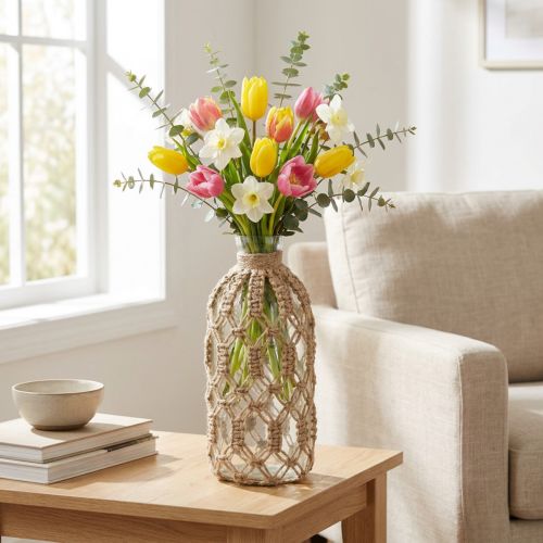Makrame flaske glass dekorativ vase naturjute Ø10,5cm H26cm | Floristik24.no