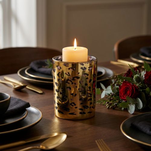 gjenstander Telysholder i glass med leopardmønster til borddekorasjon, 12 cm