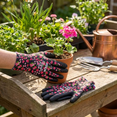 Kixx hagehansker, svarte med rosa blomster, størrelse 8 | Floristik24.no