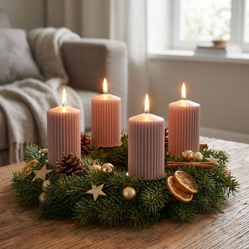 gjenstander Søylelys, antikk rose, rillede lys, 70/90 mm, sett med 4, dekorative lys, adventskrans, lav røyk, lang brennetid