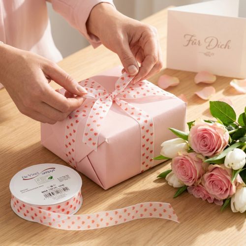 gjenstander Gavebånd med hjerter, ideelt for kreative innpakningsideer og personlige gaver, 2,5 cm bredt, 15 m langt