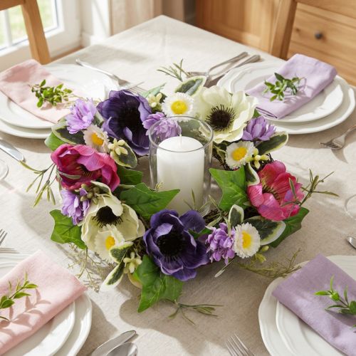 gjenstander Kunstig blomsterkrans Anemoner Tusenfryd Lilla Hvit Ø25cm