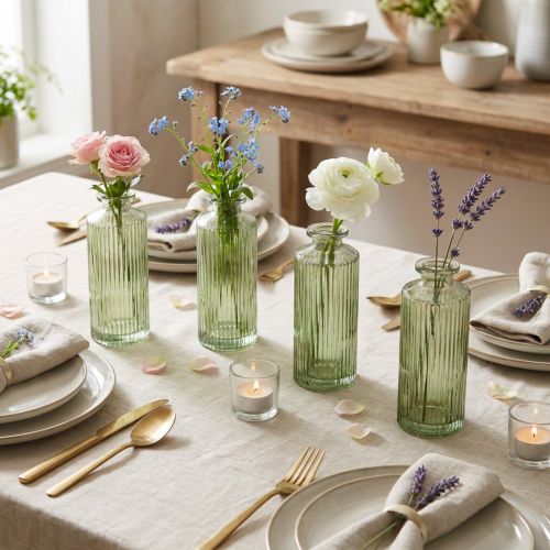 Mini glassvaser med riller, retro blomstervase, grønn, Ø5 cm, 4 stk. | Floristik24.no