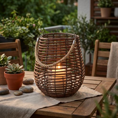 Dekorativ lanterne, lysdekorasjon med håndtak, lanterne i kurv Ø23cm H27cm | Floristik24.no