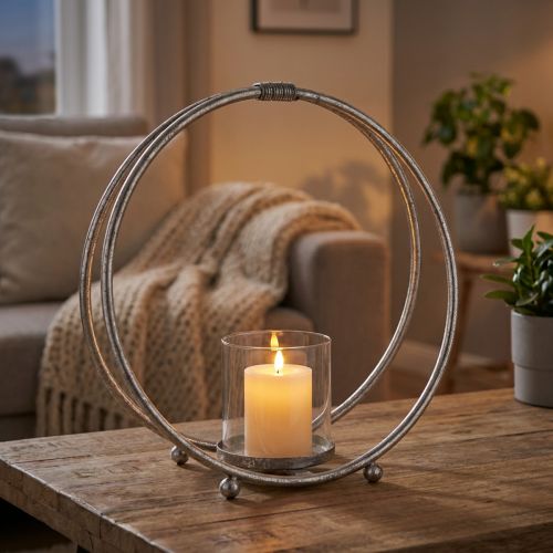 Lyslykt i metall sølv glass Ø33cm | Floristik24.no