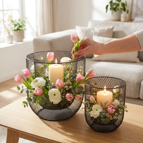 Svart metallkurvlysholder, Ø28,5/18 cm, sett med 2 | Floristik24.no
