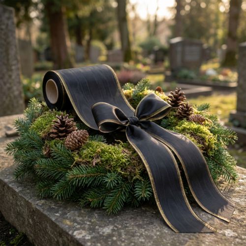 Elegant moiré-kransbånd, 175 mm svart med perlekant og taftvev, dekorativt bånd til begravelsesblomsterdekorasjoner, sløyfebånd, 25 m | Floristik24.no