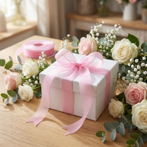 Organza bånd gavebånd rosa bånd selvkant 25mm 50m | Floristik24.no