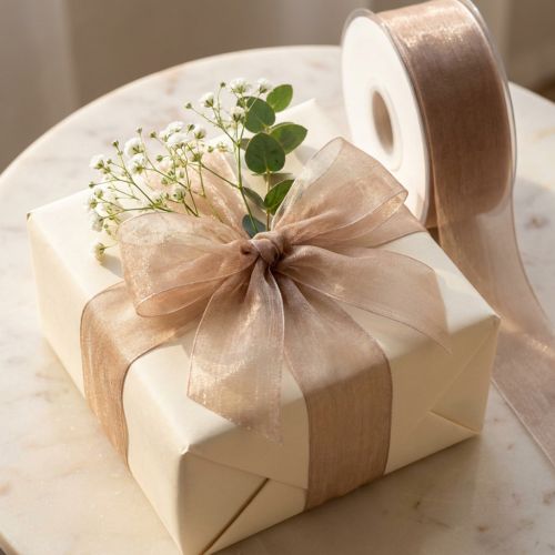 gjenstander Organza bånd gavebånd beige bånd vevd kant taupe 40mm 50m