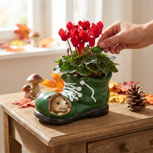Plantekar dekorasjon, grønn sko med pinnsvin, keramikk 14x13cm H13cm | Floristik24.no