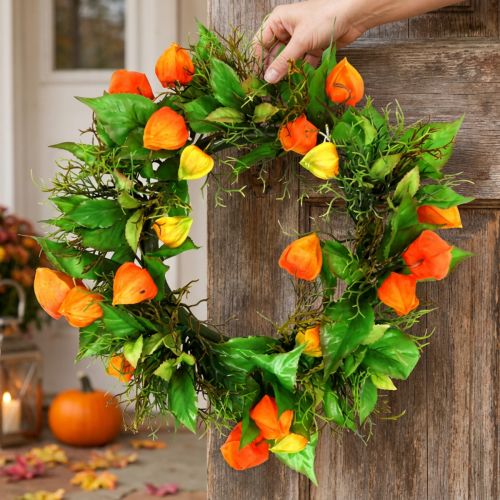 Kunstig Physalis-krans, oransje og grønn, Ø28 cm, høstdekorasjon | Floristik24.no