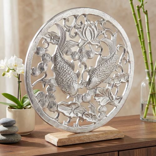 Dekorativ ring metall trebunn sølv lotus koi dekorasjon Ø32cm | Floristik24.no