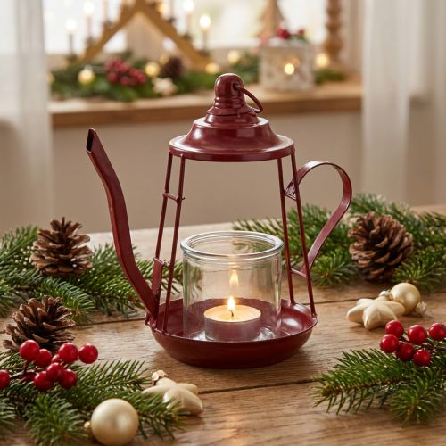 Telysholder glass lanterne metallkanne rød H22cm | Floristik24.no