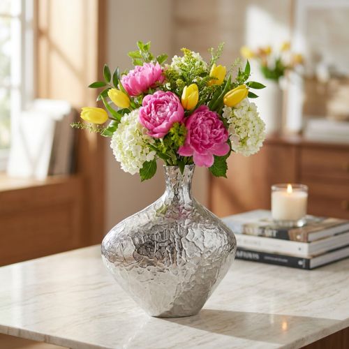 Dekorativ vase metall hamret blomstervase sølv 24x8x27cm | Floristik24.no