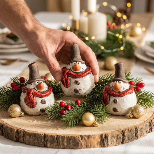 gjenstander Keramisk snømannfigur, hvit, 6,9cm – vinterjuledekorasjon – 6 stk