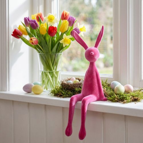 gjenstander Hylleholderkanin, flokket, sittende påskehare, rosa, 56 cm