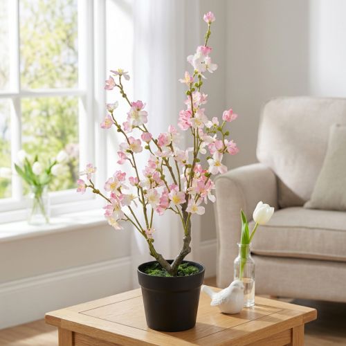 Mandeltre Stor kunstig plante i potte rosa hvit 74cm | Floristik24.no