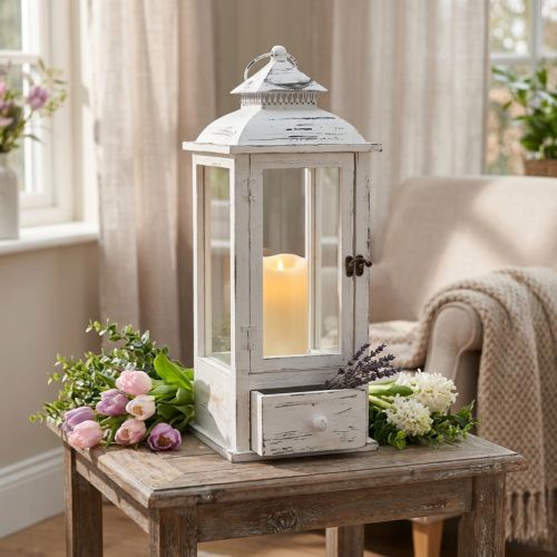 Dekorativ lanterne vintage med skuff hvit 20×20cm H51cm | Floristik24.no