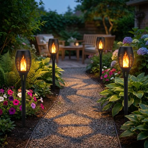 gjenstander LED-solcellelommelykter for hage, flammeeffekt, balkong, H38 cm, 4 stk.