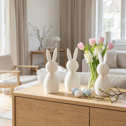 Dekorativ kaninfigur med brettet utseende for moderne interiørdesign, stue eller kontor, 13 cm, 3 deler | Floristik24.no
